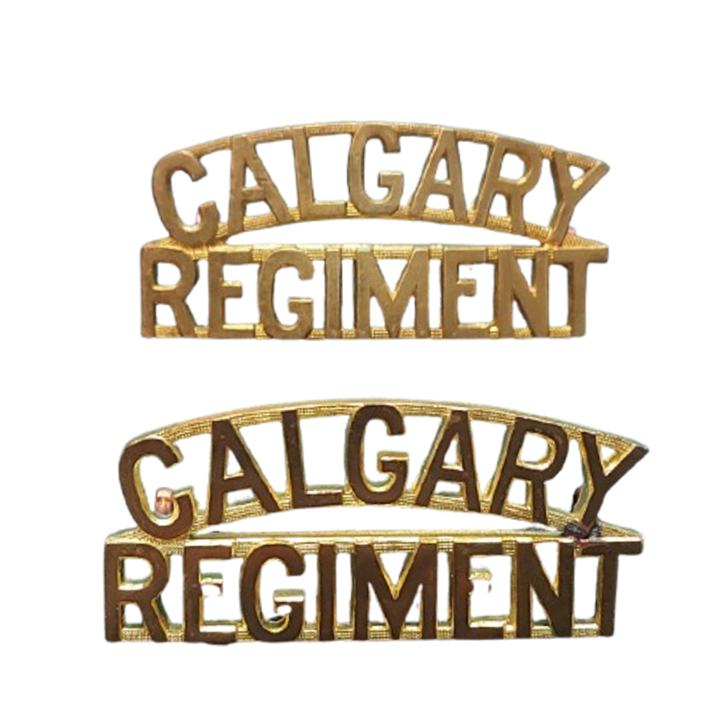 WW2 Canadian Calgary Regiment Brass Shoulder Title Pair Scully Montreal
