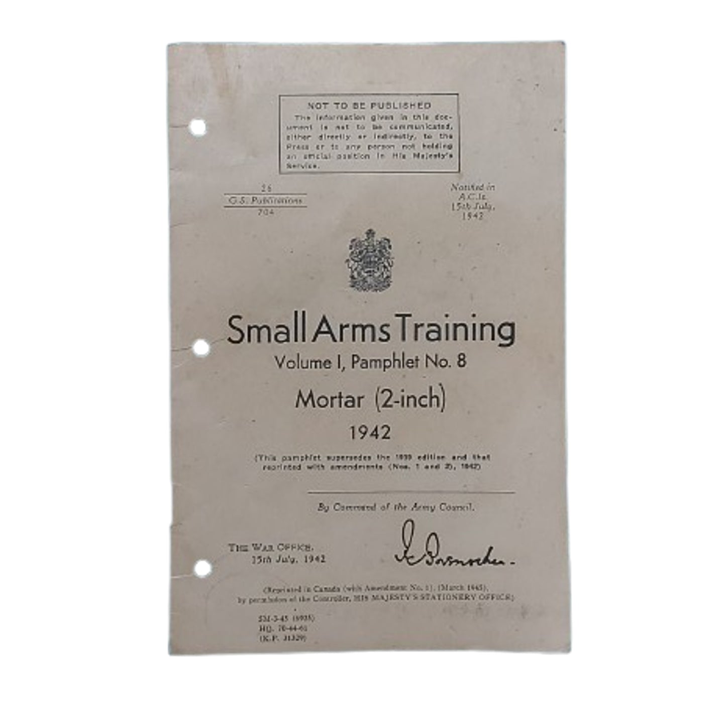 WW2 Canadian Small Arms Training Pamphlet 2 Inch Mortar 1942