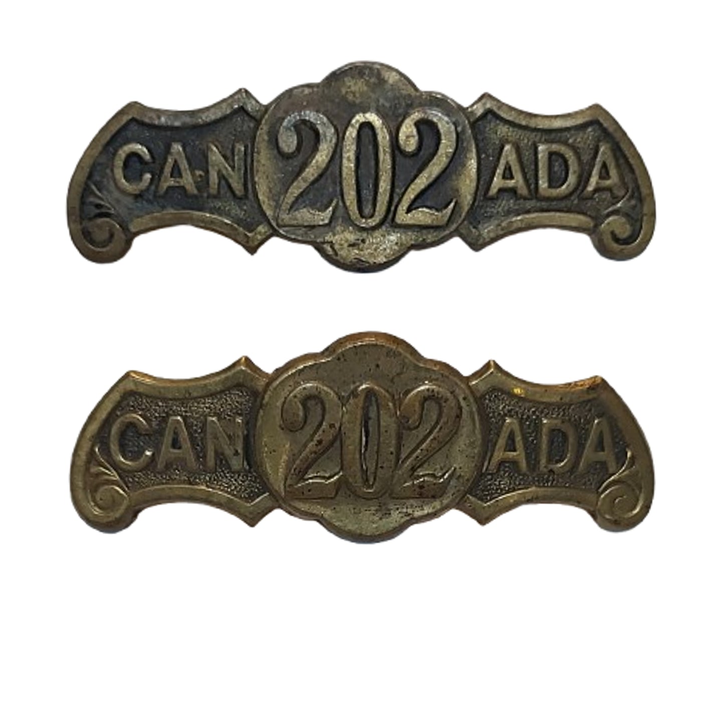 WW1 Canadian CEF 202nd Battalion Brass Shoulder Title Pair