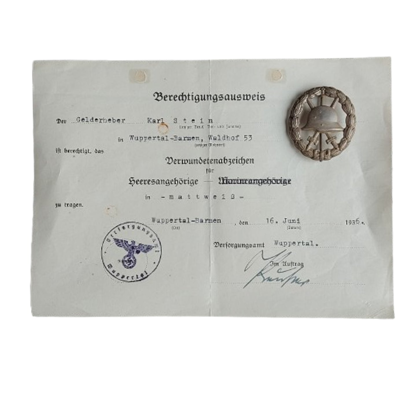 WW1 German Silver Wound Badge With Document