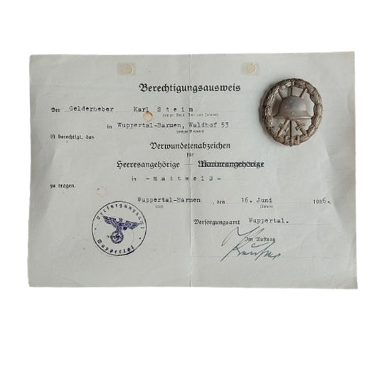 WW1 German Silver Wound Badge With Document