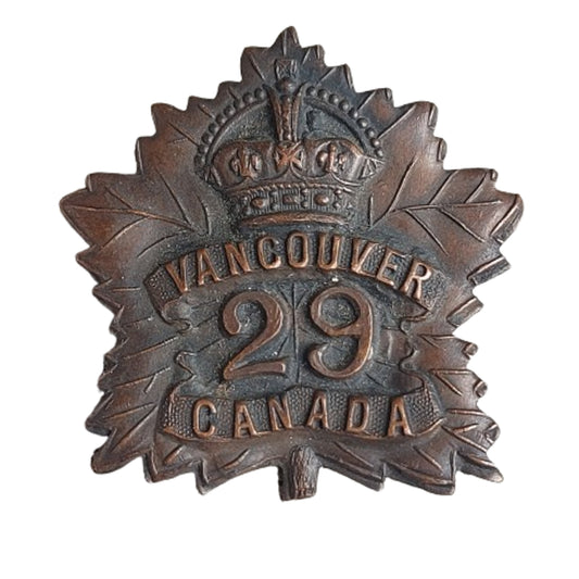 WW1 Canadian 29th Battalion Cap Badge Vancouver B.C. Maker Marked