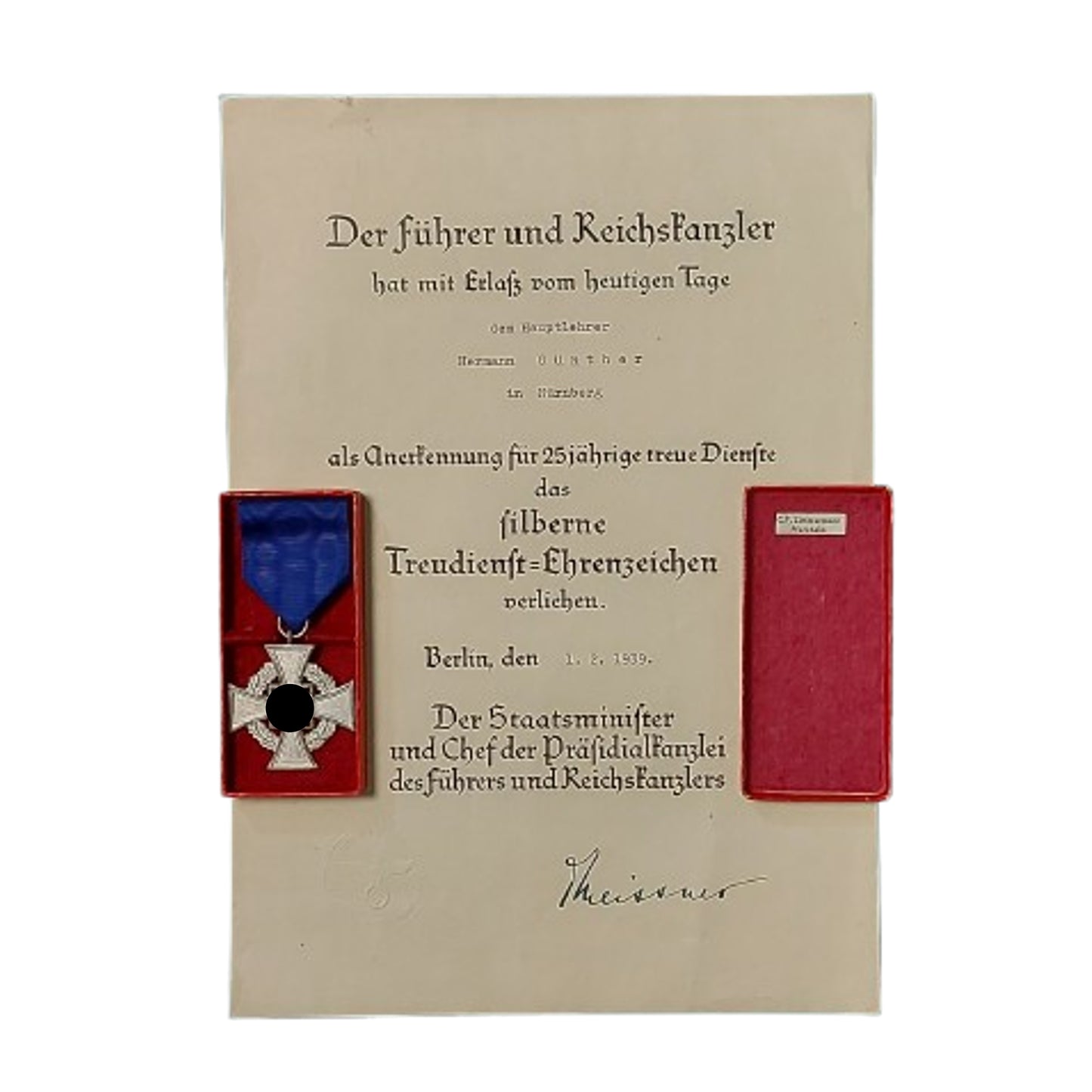 WW2 German Army 25 Year Faithful Service Award With Document 1939