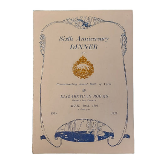 1921 10th Battalion Sixth Anniversary Dinner Menu -2nd Battle Of Ypres