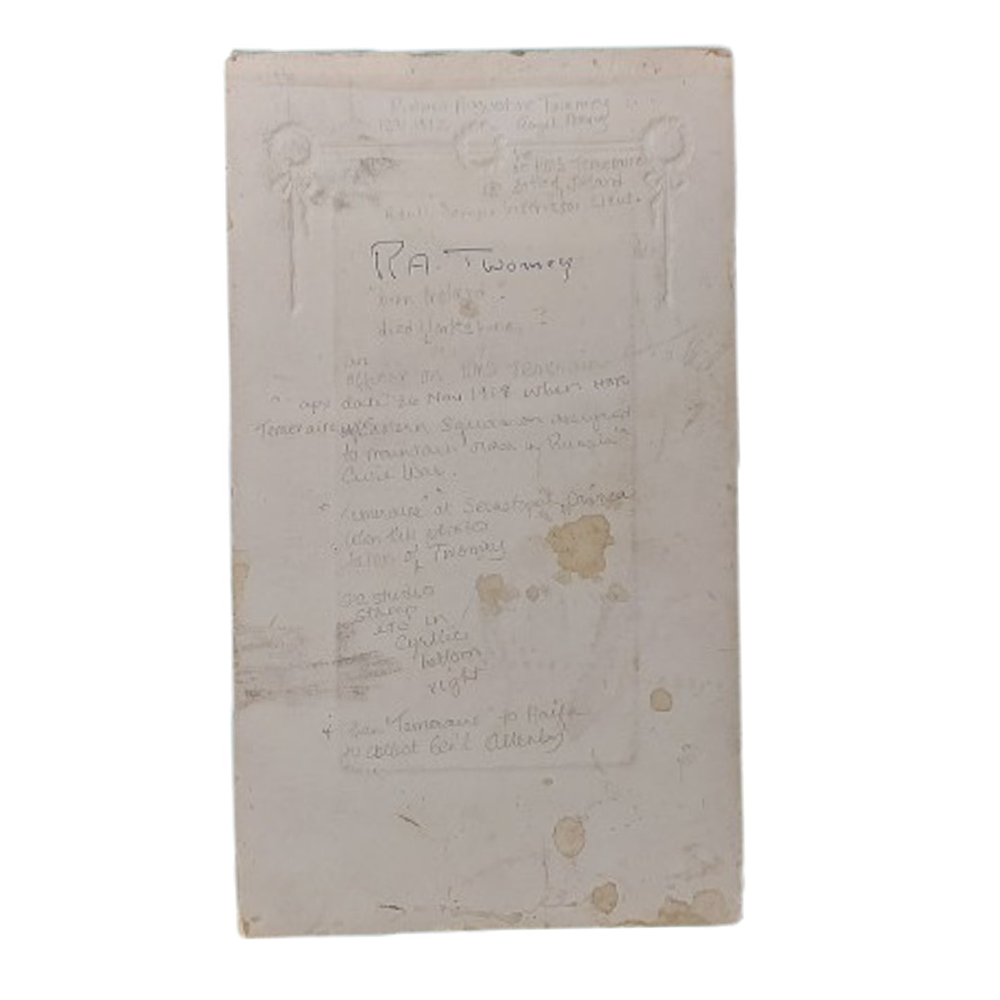 WW1 British Royal Navy Photograph on Matte Board R.A. Twomey HMS Temeraire