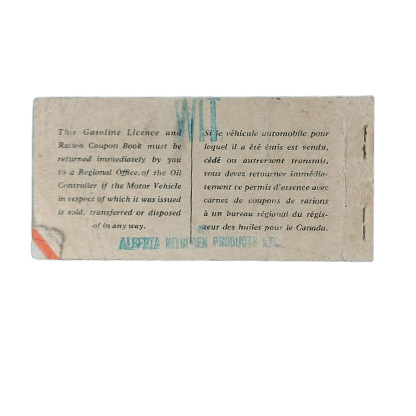 WW2 Canadian Gasoline Licence And Ration Coupon Book