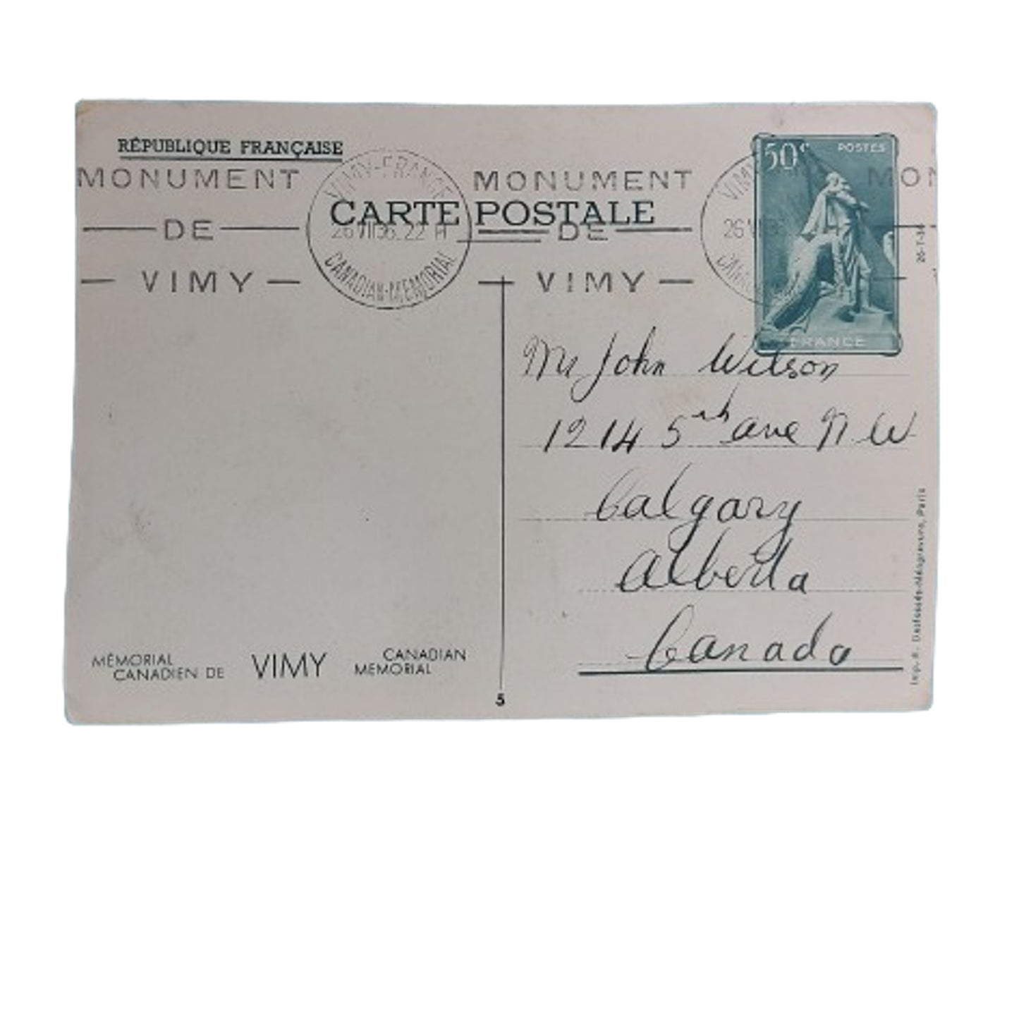 Pre-WW2 Vimy Memorial Picture Postcard -Calgary Address