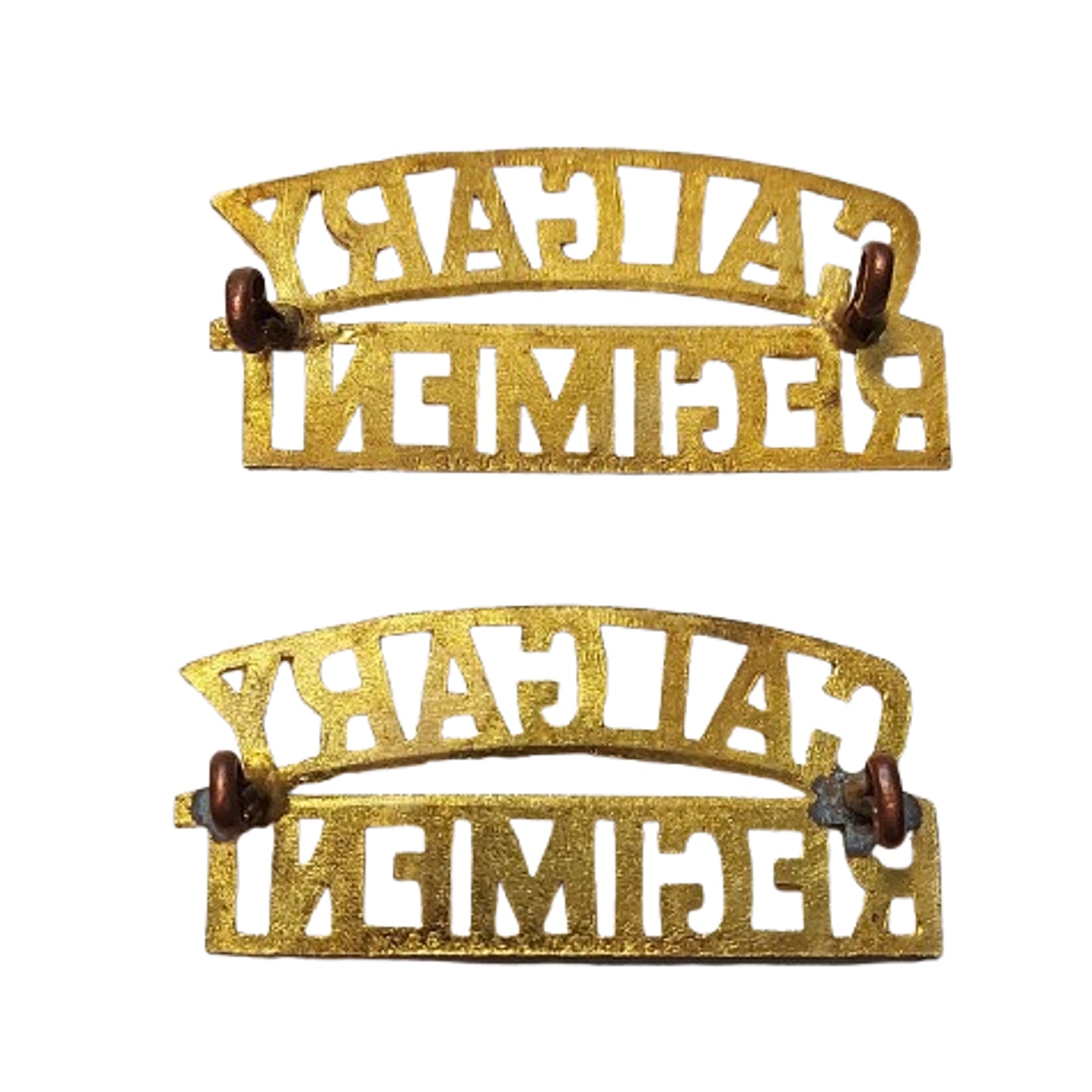 WW2 Canadian Calgary Regiment Brass Shoulder Title Pair Scully Montreal