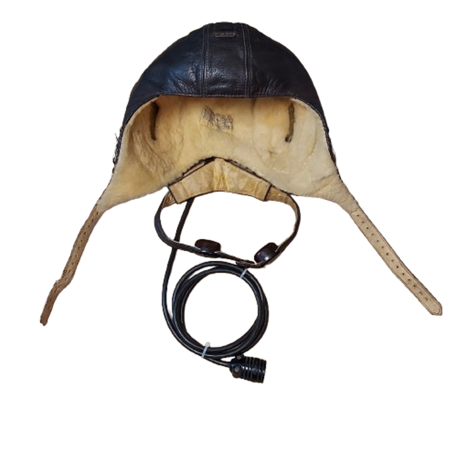 WW2 German Luftwaffe LKpW101 Leather Winter Flight Helmet With Throat Mic And Cord