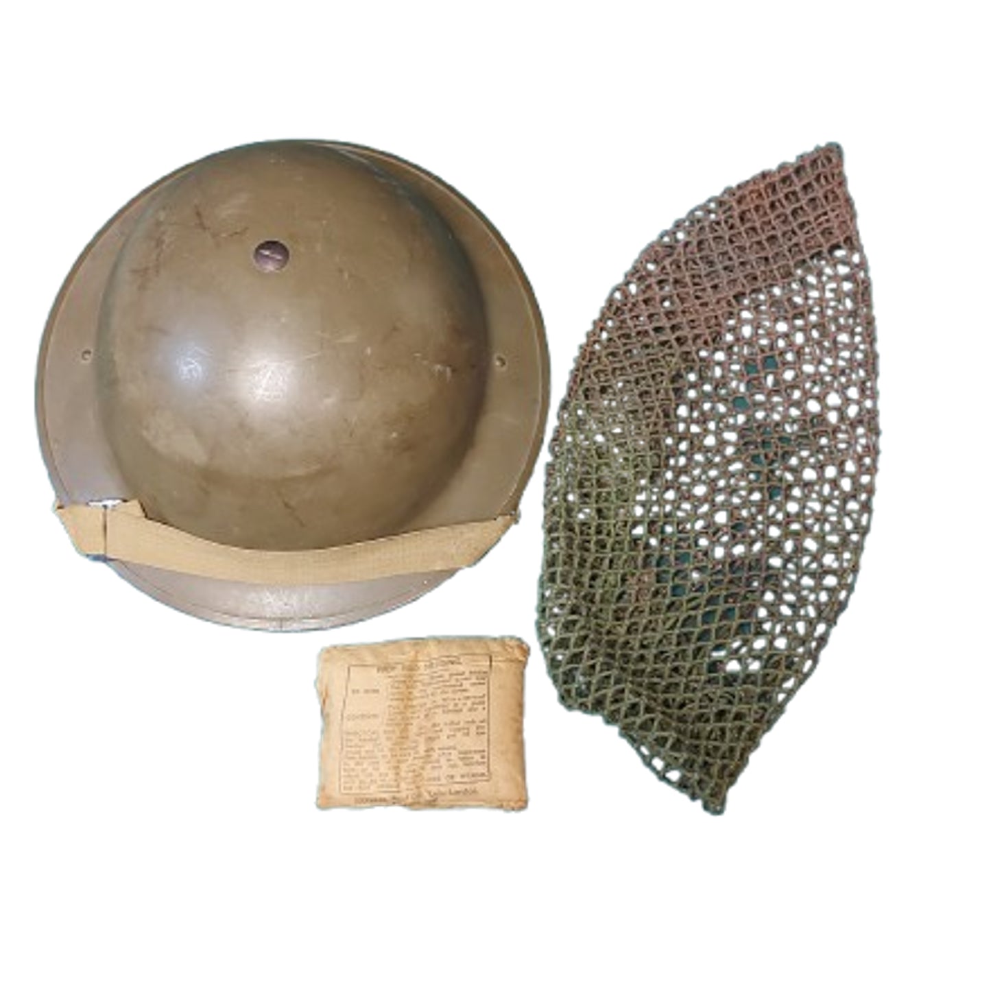 WW2 Canadian Mk.II Combat Helmet With Service Number, Camouflage Helmet Net And Field Dressing