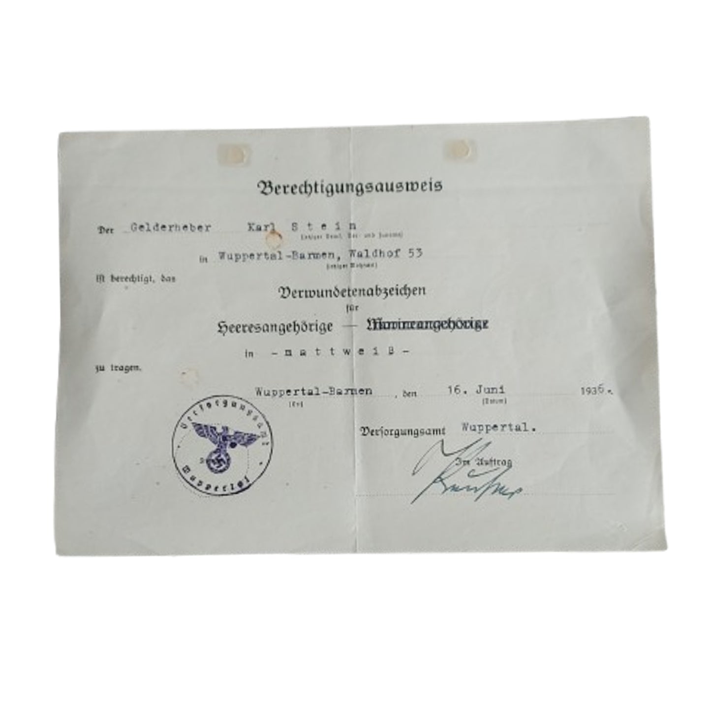 WW1 German Silver Wound Badge With Document