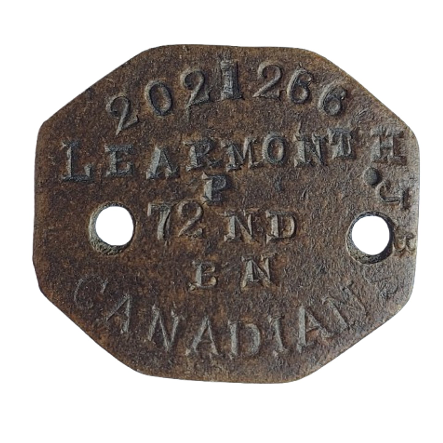 WW1 Canadian I.D. Tag 72nd Battalion Seaforth Highlanders