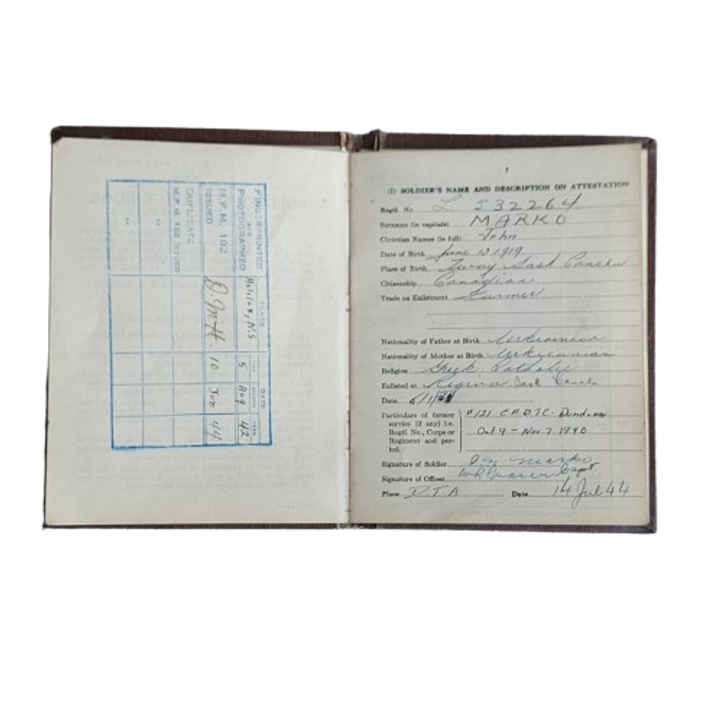 WW2 Canadian Army Soldier’s Service and Pay Book RCA