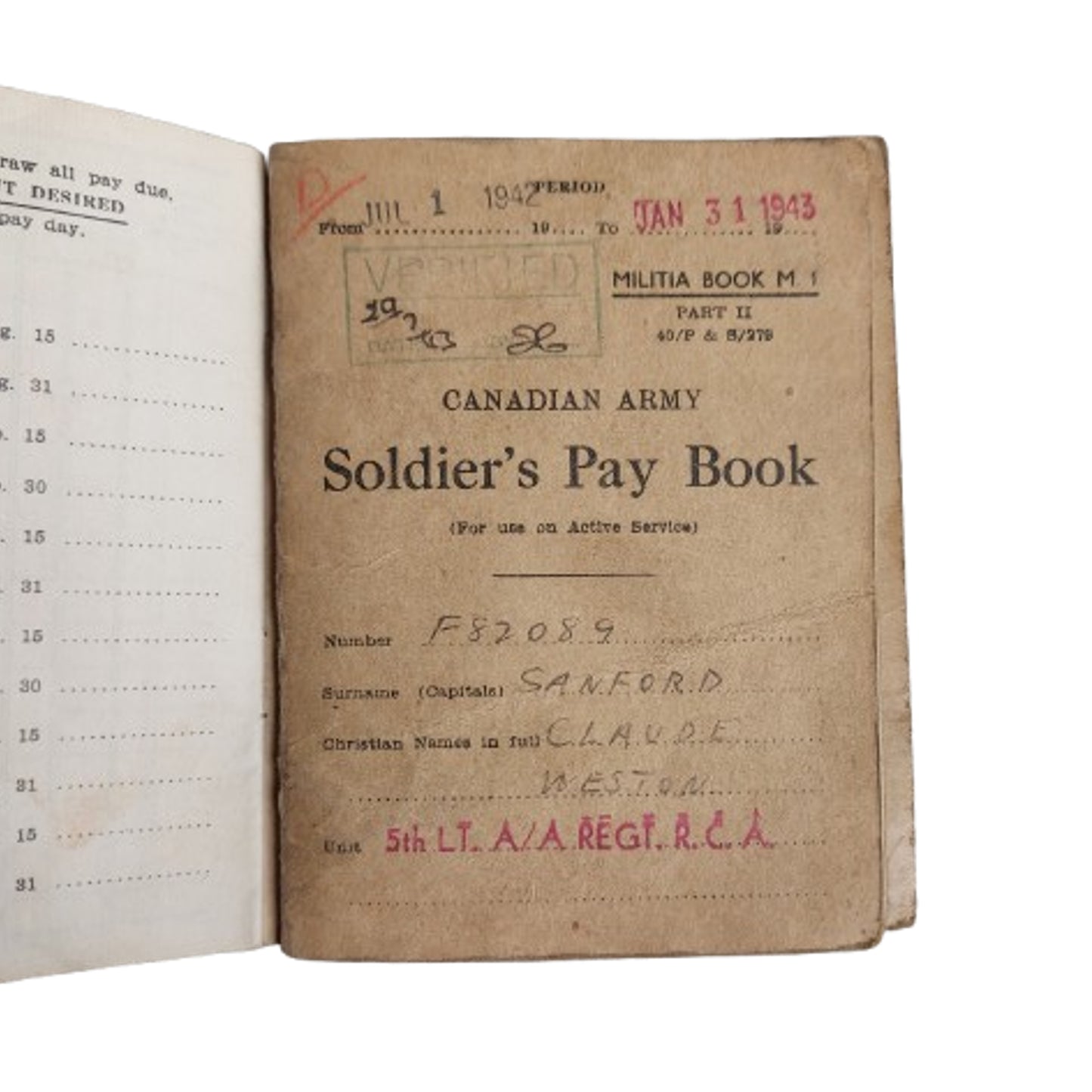 WW2 Canadian Pay Book And Document Set 5th LT. A/A Regiment RCA