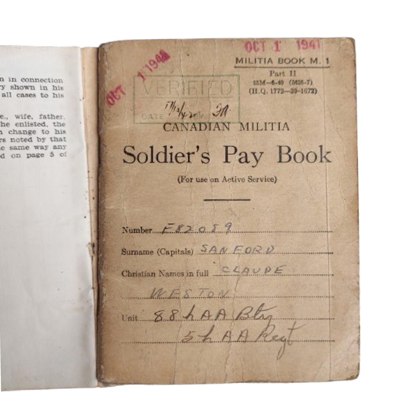 WW2 Canadian Pay Book And Document Set 5th LT. A/A Regiment RCA