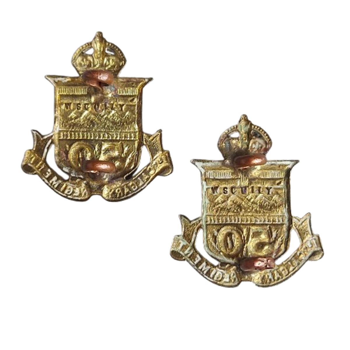 WW1 Canadian 50th Battalion Collar Badge Pair W. Scully