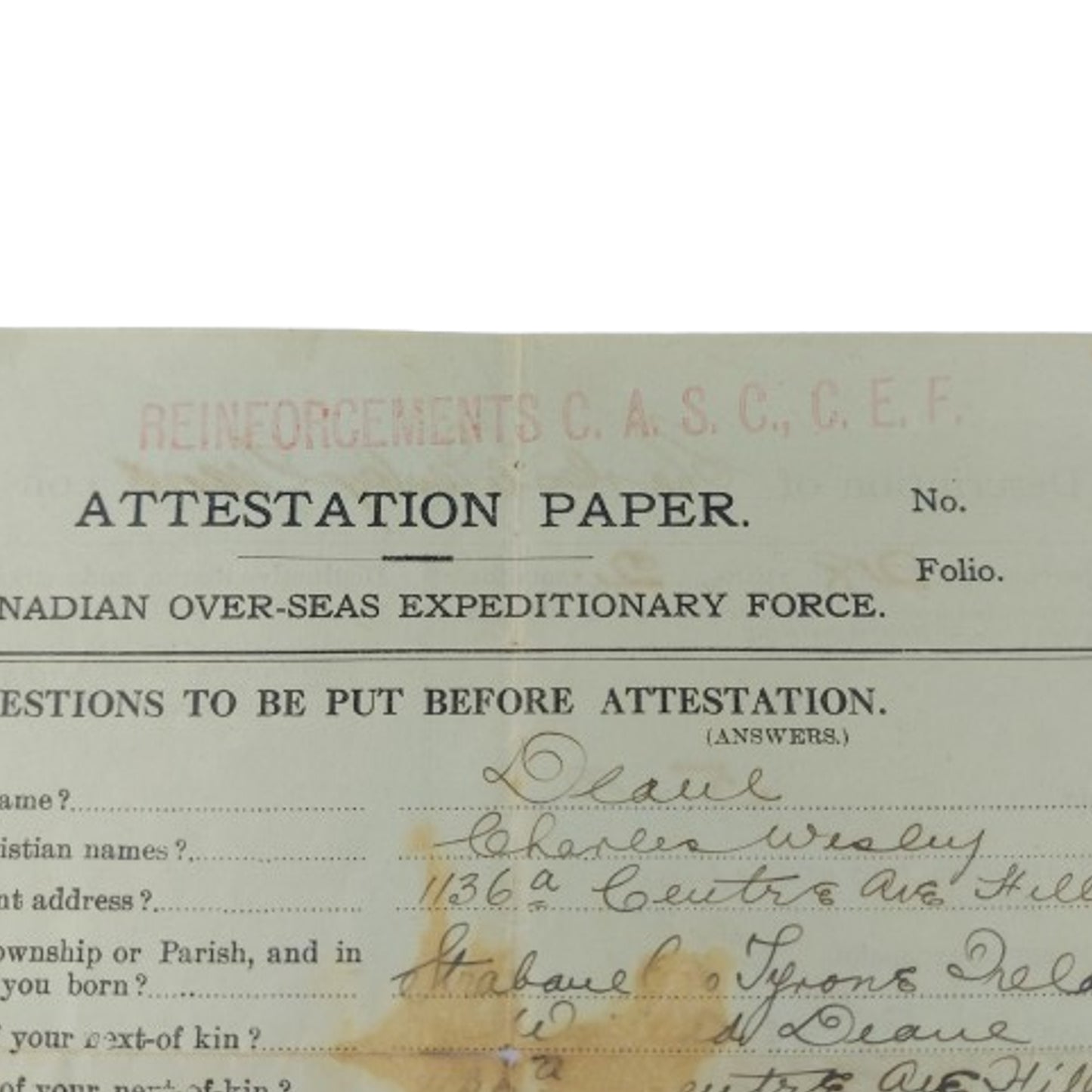 WW1 Canadian Attestation Paper CASC Canadian Army Service Corps