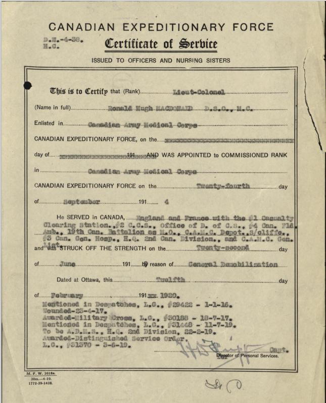 Named WW1 C.A.M.C. Lt. Col. Ronald Hugh MacDonald Canadian Army Medical Corps Case  MC & DSO Recipient