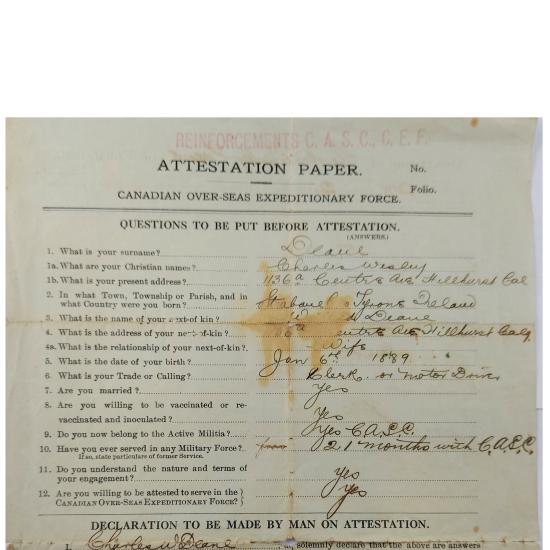 WW1 Calgary Canadian Army Service Corps Reinforcements Attestation Paper
