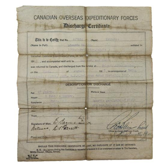 WW1 Canadian CEF Discharge Certificate - 10th Battalion Calgary, Alberta