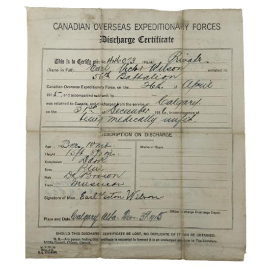 WW1 Canadian CEF Discharge Certificate - 56th Battalion, Calgary Alberta