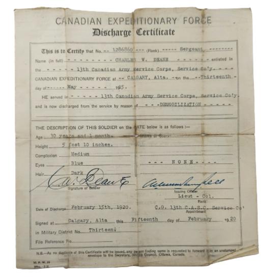 WW1 Canadian CEF Discharge Certificate 13th Canadian Army Service Corps