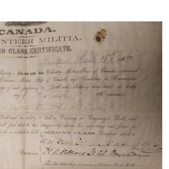 1872 Canadian Training Certificate - Grand Trunk Railway Battalion