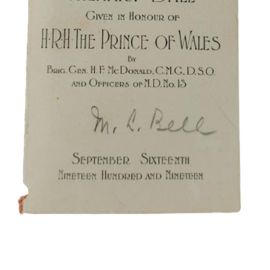 WW1 Calgary Armouries Prince Of Wales Dance Card - M.L.Bell