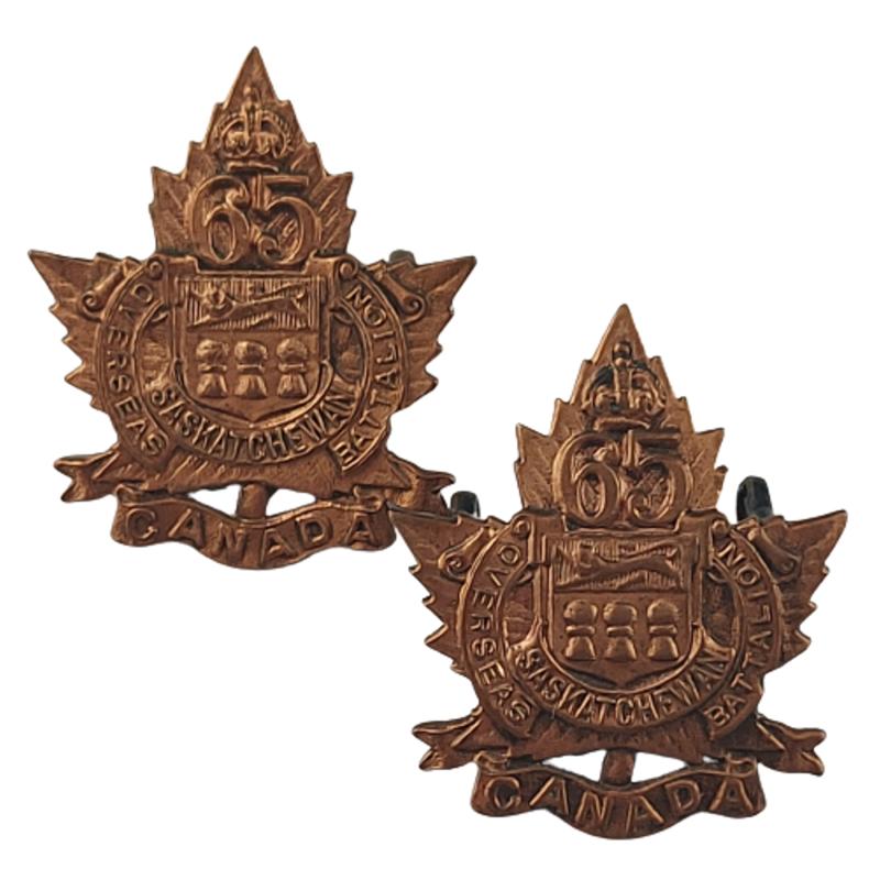 WW1 Canadian 65th Battalion (Saskatchewan) Collar Badge Pair - R.J. Inglis