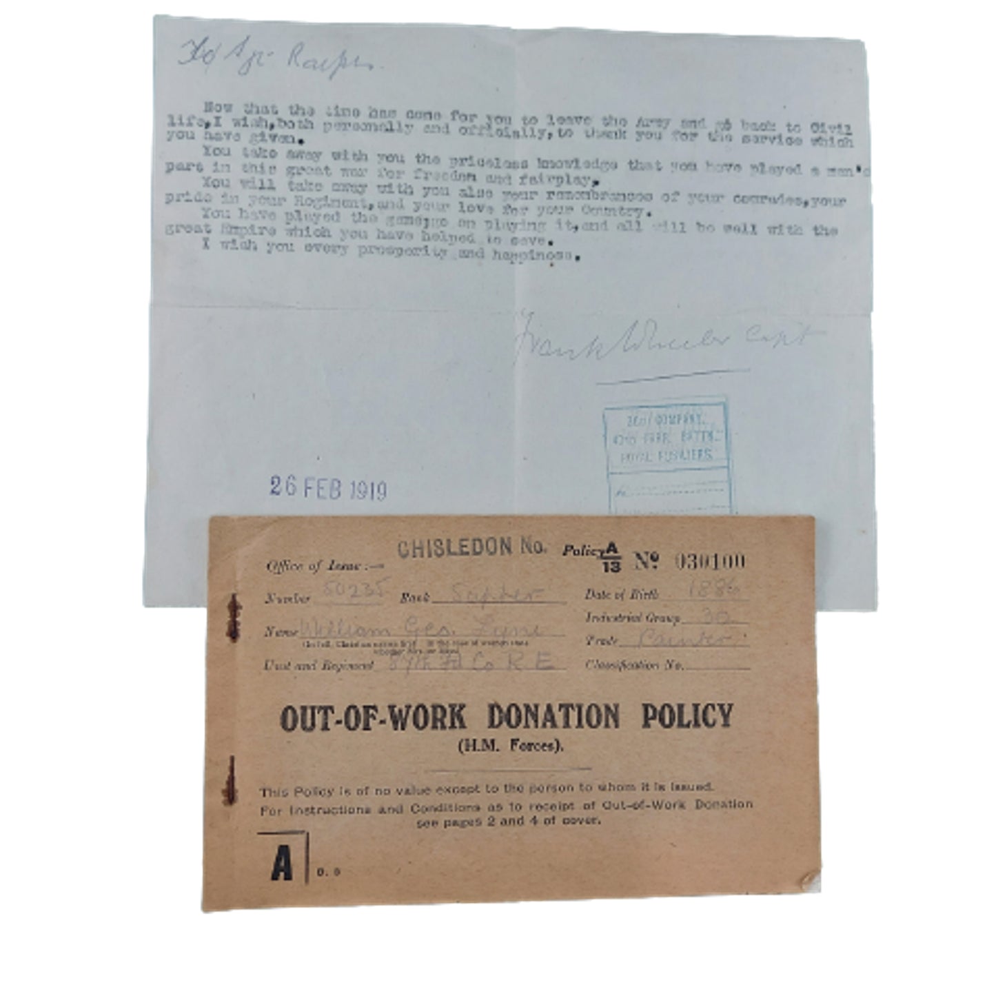 WW1 Paperwork To 50235 Spr. W. Lyne 87th Field Company Royal Engineers