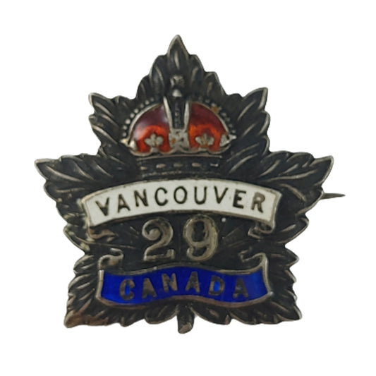 WW1 Canadian 29th Battalion Vancouver BC Sterling Silver Sweetheart Pin