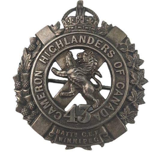 WW1 43rd Cameron Highlanders Of Canada (Winnipeg Manitoba) Officer's Collar Badge - MacDougalls London