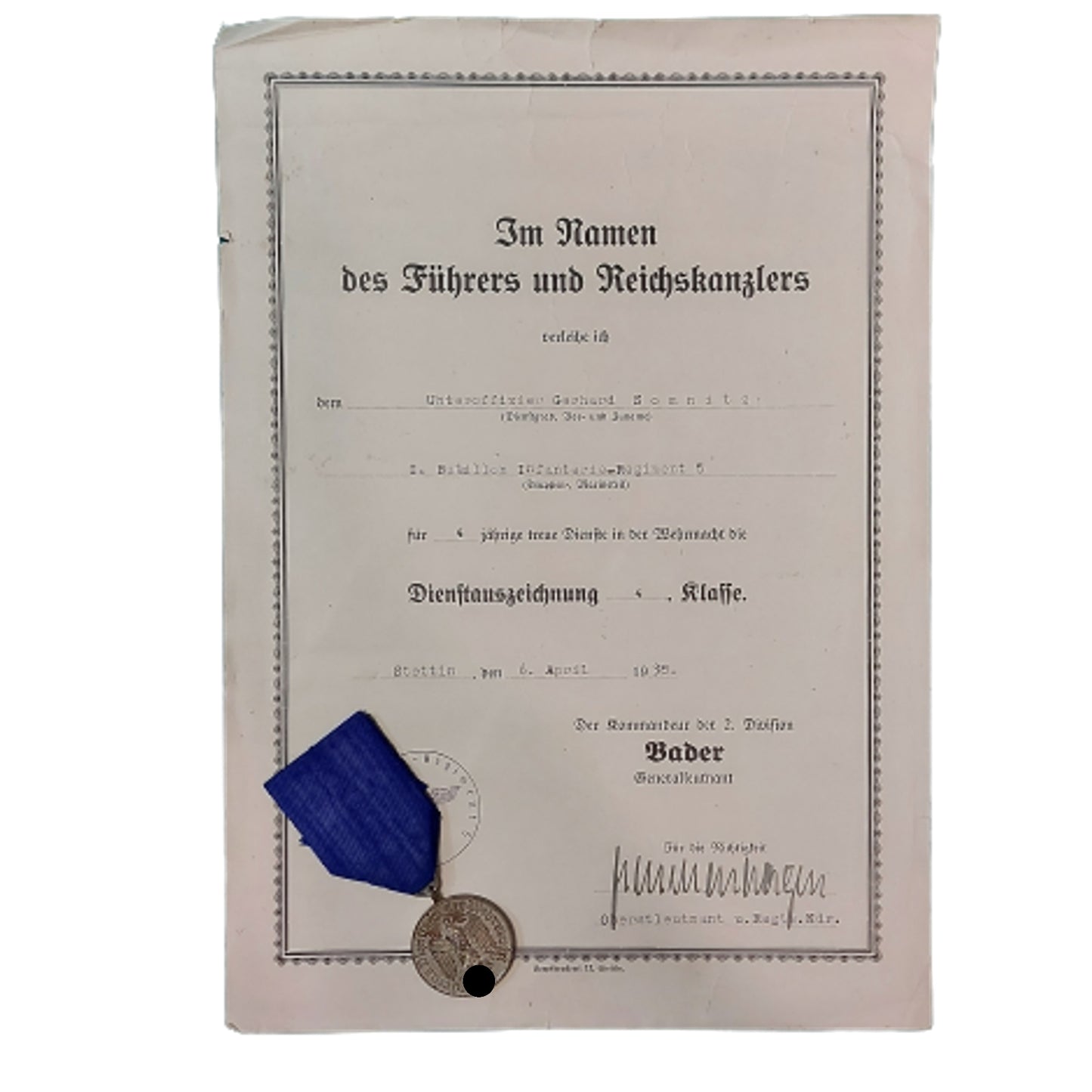 WW2 German 4 Year Long Service Medal With Award Document