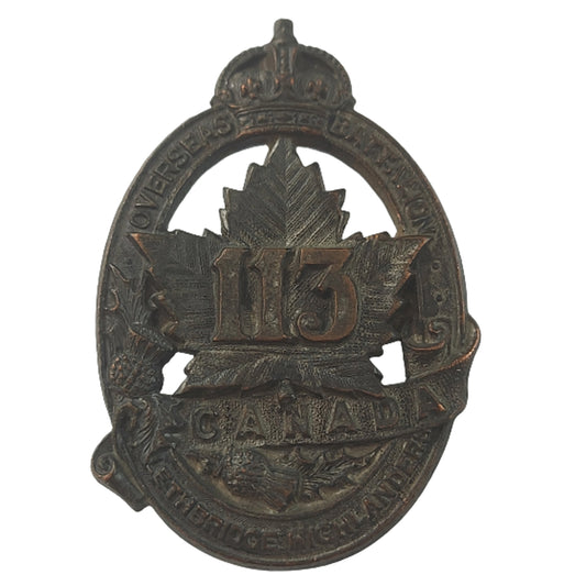 WW1 Canadian 113th Battalion Cap Badge - Lethbridge Highlanders - D.E. Black