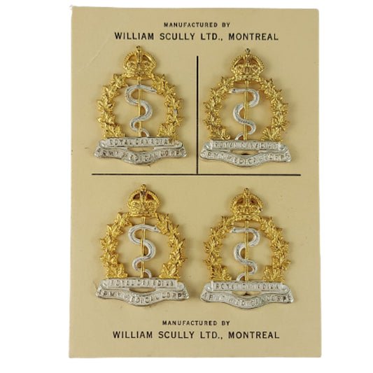 WW2 Set Of 4 RCAMC Royal Canadian Medical Corps Collar Badges On Scully Card