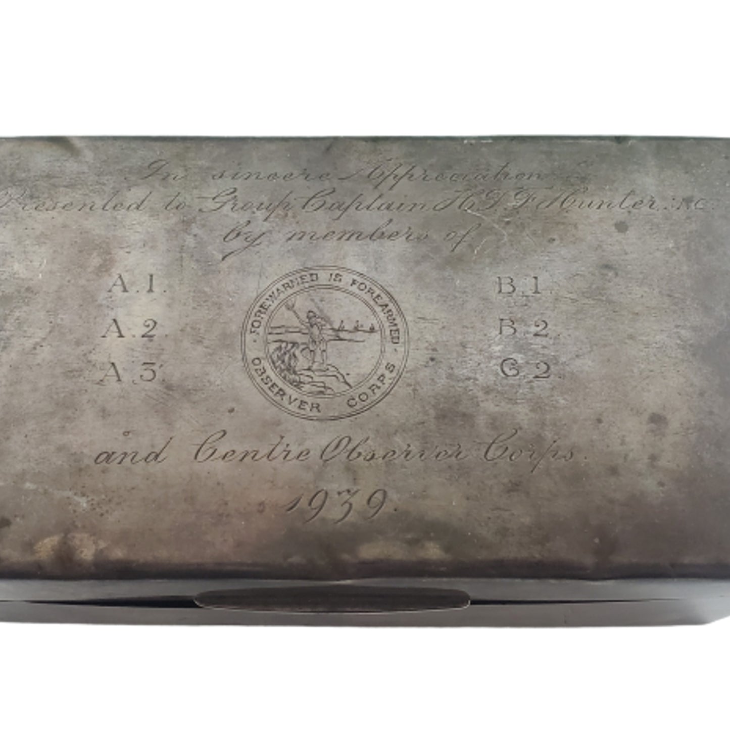 Name Engraved British Royal Observer Corps Presentation Sterling Silver Cigarette Case - M.C. Recipient
