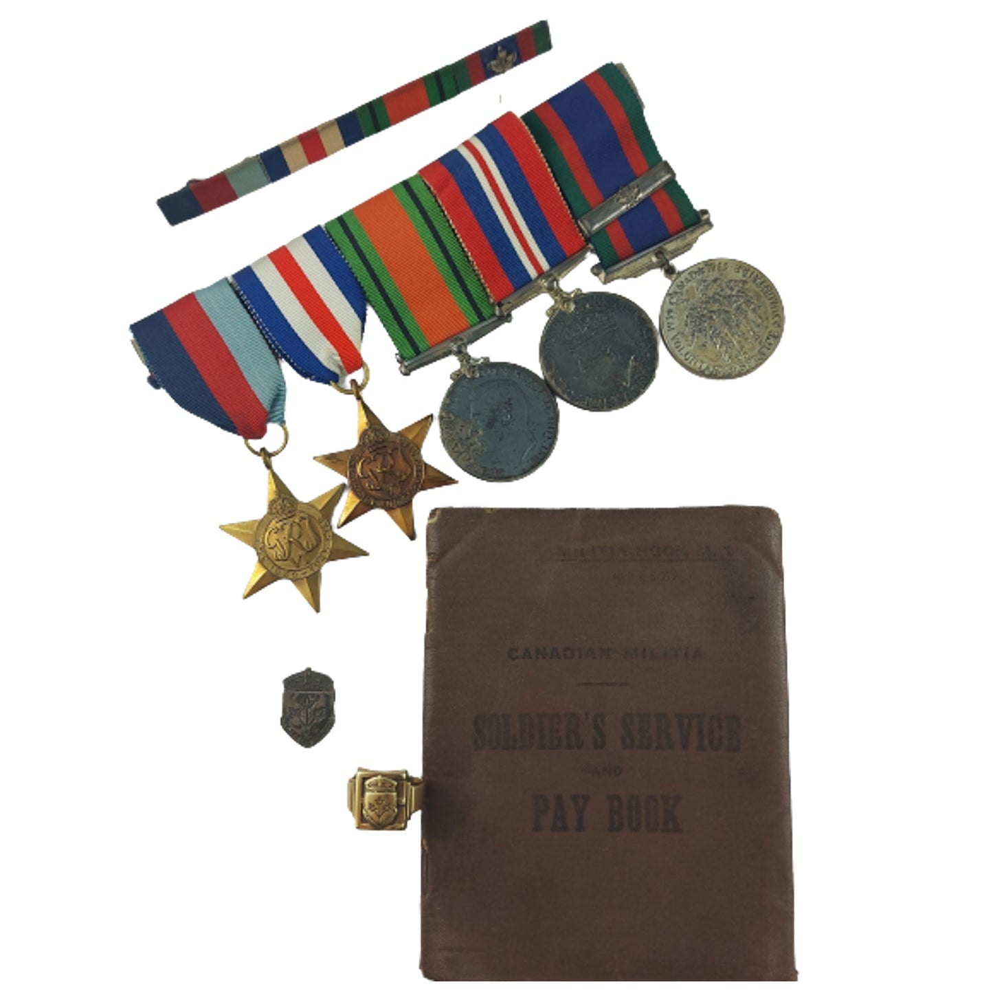 WW2 Canadian Medal Set With Ribbon Bar, Paybook, General Service Pin & 14k Gold Presentation Engraved Ring